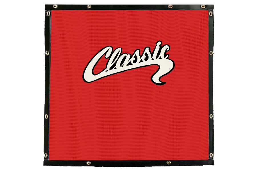 White Classic Logo on Black Background Red Screen Black Trim